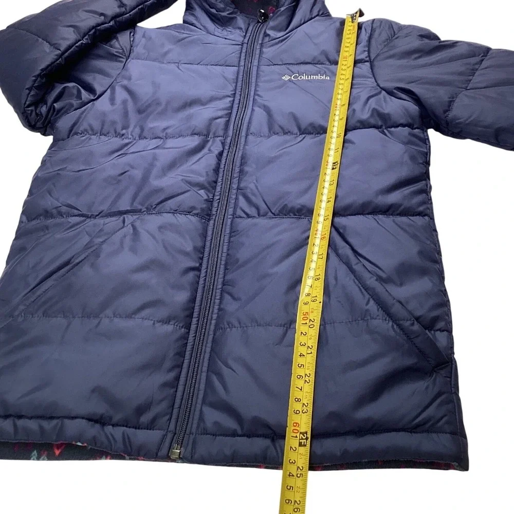 Columbia Reversible Puffer Jacket Girls L 14/16 Blue Pink Geometric Print Hooded